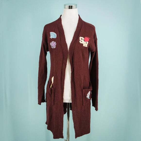 Disney Size Medium M Red Disney Princess Embroidered Patches Open Long Cardigan - Picture 1 of 10